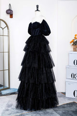 Saprkly Black Off-Shoulder Puff Sleeves Layers Long Prom Dress