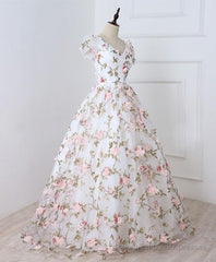 White V Neck 3D Flowers Long Prom Dress, White Evening Dress