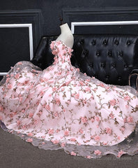 Pink Tulle 3D Flowers Long Prom Dress, Pink Evening Dress