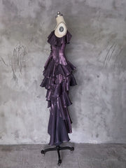 Dark Purple Asymmetrical Layered Flounce Spaghetti Strap Dress Evening Gown