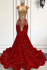 Red Square Mermaid Evening Dress Beads Sequins Long Sleeveless