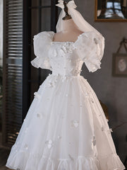 White Tulle Short A-Line Prom Dress, Cute Puff Sleeve Party Dress