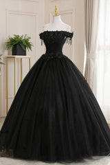 Black Tulle Lace Off the Shoulder Prom Dress, Black A-Line Evening Dress