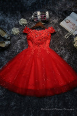 Cute Lace Short A-Line Prom Dresses, Off the Shoulder Party Dresses