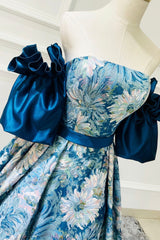 Blue Floral Long Senior Prom Dress, Blue A-Line Evening Dress