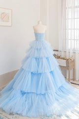 Blue Layers Tulle Long Prom Dresses, A-Line Strapless Evening Dresses