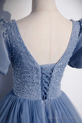 Blue Tulle Beading Long Prom Dresses, A-Line Short Sleeve Evening Dresses