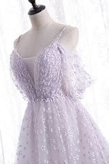 Lovely V-Neck Floral Tulle Long Prom Dress, Lavender A Line Evening Party Dress