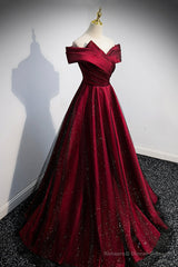 Burgundy Off the Shoulder Prom Dress, A-Line Evening Party Dress