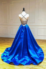 Blue V-Neck Satin Long Prom Dresses, A-Line Backless Evening Dresses