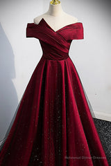 Burgundy Off the Shoulder Prom Dress, A-Line Evening Party Dress