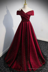 Burgundy Off the Shoulder Prom Dress, A-Line Evening Party Dress