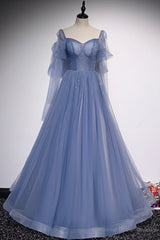 Blue Tulle Beading Long Prom Dresses, A-Line Formal Evening Dresses