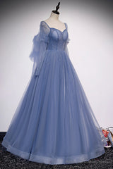 Blue Tulle Beading Long Prom Dresses, A-Line Formal Evening Dresses