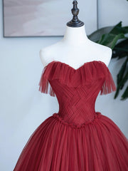 Burgundy Sweetheart Neckline Long Formal Dress, A-Line Strapless Evening Dress