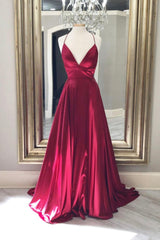 Burgundy Satin Long Prom Dresses, A-Line Backless Evening Dresses