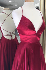 Burgundy Satin Long Prom Dresses, A-Line Backless Evening Dresses