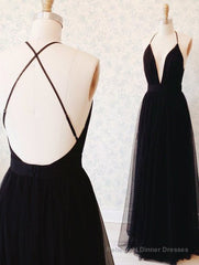 Simple A-line V Neck Navy Blue Long Prom Dress