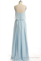 Dusty Blue Chiffon Spaghetti Straps Ruffled Long Bridesmaid Dress