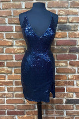 Cute Navy Blue Sequins Tight Mini Homecoming Dress