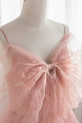 Pink Tulle Beaded Long Prom Dress, A-Line Evening Dress with Bow