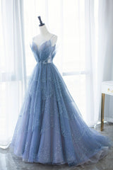 Blue Tulle Long A-Line Prom Dresses, Blue Evening Dresses with Beaded