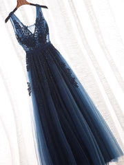 Glamorous Navy Blue Lace Tulle V Neck See Through Prom Dress