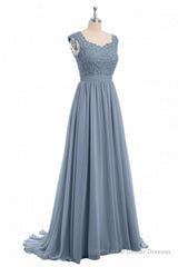 Dusty Blue Lace Cap Sleeve A-Line Floor-Length Bridesmaid Dress