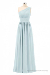 Dusty Blue Chiffon One-Shoulder Banded Waist Bridesmaid Dress