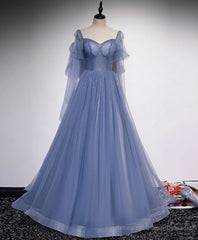 Blue Tulle Sweetheart Long Prom Dress, Blue Tulle Formal Dress