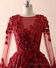 Burgundy Lace Satin Long Prom Dress, Burgundy Lace Evening Dress