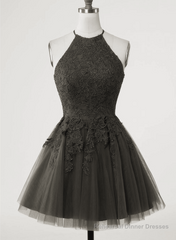 Black Halter Tulle With Lace Short Party Dress, Black Tulle Homecoming Dress