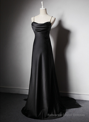 Black Soft Satin A-Line Floor Length Prom Dress, Black Straps Long Evening Dress