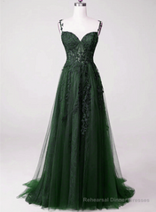 Dark Green Tulle With Lace Beaded Straps Prom Dress, Green Long Formal Dress Party Dress