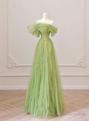 Green Floor Length Simple Off Shoulder Long Formal Dress, Green A-Line Prom Dress