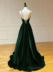 Green V-Neckline Straps Lace-Up A-Line Prom Dress, Green Velvet Long Prom Dress