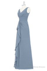 Dusty Blue V-Neck Banded Waist Ruffled Long Bridesmaid Dress