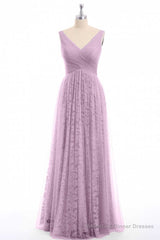 Dusty Purple Chiffon Jacquard V-Neck A-Line Long Bridesmaid Dress