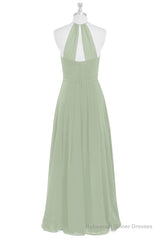 Sage Green Chiffon Halter Backless Long Bridesmaid Dress