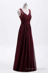 Burgundy Chiffon A-line Pleated Long Bridesmaid Dress