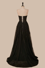 Black Strapless A-line Appliques Tulle Long Prom Dress