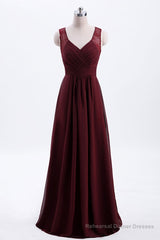 Burgundy Chiffon A-line Pleated Long Bridesmaid Dress