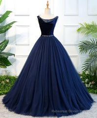 Dark Blue Tulle Long Prom Dress, Dark Blue Tulle Evening Dress