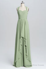 Halter Sage Pleated Ruffles Long Bridesmaid Dress