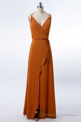 Burnt Orange Spaghetti Straps Long Bridesmaid Dress with Slit