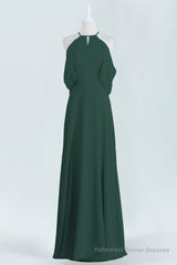 Hunter Green Chiffon A-line Long Bridesmaid Dress with Cold Sleeves