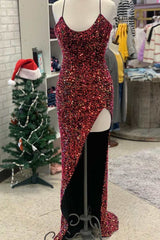 Burgundy Sequin Scoop Neck Long Prom Dress with Slit