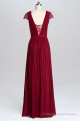 Wine Red A-line Chiffon Long Bridesmaid Dress with Cap Sleeves