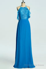 Blue A-line Lace and Chiffon Full Length Bridesmaid Dress