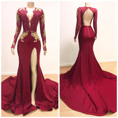 2025 Sheath Long Sleeves Burgundy and Gold Appliques Side Slit Deep V Neck African American Backless Prom Dresses